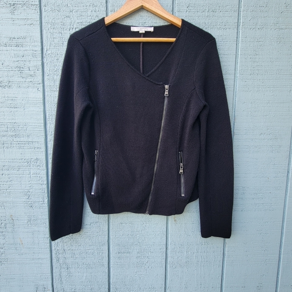 Ann Taylor LOFT Wool Moto Zip Knit Jacket sz 14 Black Edgy Biker Grunge